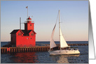 Birthday Big Red Michigan lighthouse and sailboat in Holland Harbor card