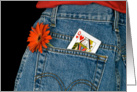 Romance-Queen of Hearts and daisy in blue jean pocket card