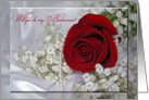 Bridesmaid request-red rose with pearls on satin card