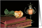 Sympathy peach rose on old books with candle card