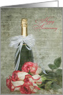 Anniversary for couple rose bouquet with bottle of champagne card