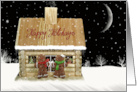 Christmas Log Cabin With Gingerbread Couple In Snowflakes card