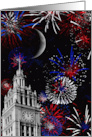 New Year’s Eve, Chicago Clock Tower With Moon and Fireworks card