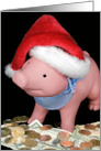 Christmas Piggy Bank With Money And Santa Hat card