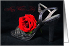 Valentine’s Day-red rose on silver high heel on black card