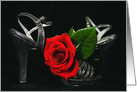 Valentine’s Day silver shoes with red rose on black card