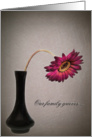 Sympathy-drooping pink daisy in black vase on textured background card