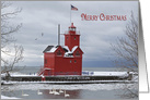 Christmas red lighthouse with seven swans in Michigan card