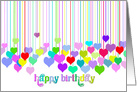 Happy Birthday colorful hanging hearts on white card