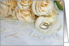 Wedding Congratulations-wedding rings on rose petal with bouquet card