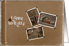 wooden barn photos in retro snapshot frames on brown texture card