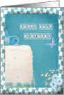 Half Birthday, white square gift cake with blue bow fondant card