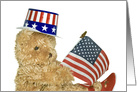 4th of July patriotic teddy bear with hat and flag on white card