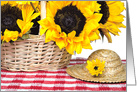 sunflower bouquet in basket with hat card