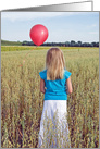Goodbye girl with red balloon in wheat field card