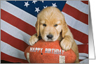 golden retriever puppy on football with American flag card
