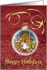 Happy Holidays gingerbread cookie ornament on textured red card