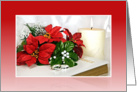Christmas wedding-poinsettia and ring on Holy Bible with candle card