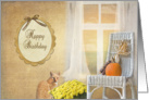 birthday with cat, autumn pumpkin and mums on chair card