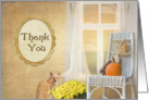 Thank You-tabby cat with autumn mums and pumpkin on chair card