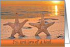 Pair of Starfish on Beach with Sunset for Anniversary card