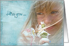 Miss You, young girl with daisy bouquet and textured overlay card
