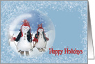 Christmas snowmen on skis with snowflake border card