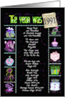 Birthday in 1991 fun trivia facts with party elements on black card