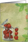 strawberries in glass jar with green texture overlay card