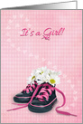 New Baby Girl Congratulations, daisy bouquet in sneakers on gingham card