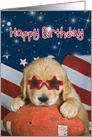 Birthday Golden Retriever with star sunglasses on a football with flag card