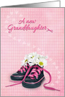 New Granddaughter daisy bouquet in little girl sneakers on gingham card