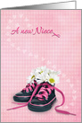 New Niece Congratulations daisy bouquet in girlie sneakers on gingham card