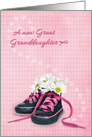 New Great Granddaughter with daisy bouquet in sneakers on pink gingham card