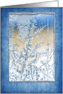 ice crystal on window close up with blue and silver frame card