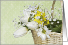 Daisies and White Tulips in Wicker Basket for Birthday card