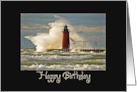 Birthday Michigan lighthouse on a pier with huge wave card