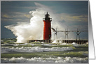 South Haven Michigan lighthouse with wave and storm surf card