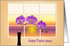 91st birthday-orchid in black vase with sunrise in window card