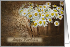 Birthday daisy bouquet in wooden bushel basket with butterfly card