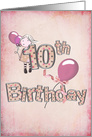 10th birthday, girl with pink balloons and polka dot text card