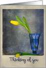 Thinking of You yellow tulip in a blue glass with textured background card