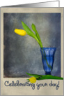 Name Day with yellow tulip in blue vase card