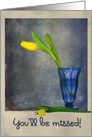 Good Luck yellow tulips in blue vase on vintage textured background card