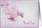 Thank You, pink orchid blossoms and bubbles with butterfly card