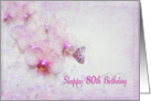 80th Birthday with pink orchids, pearls, bubbles and butterfly card