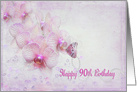 90th birthday butterfly on pink orchid blossom with pearls card