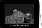 Son’s birthday, old barn and silo with full moon in black frame card