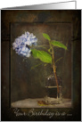 Birthday-single hydrangea in a vintage bottle with grunge background card