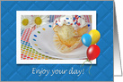 Birthday, bite of out of cupcake with daisies and balloons card